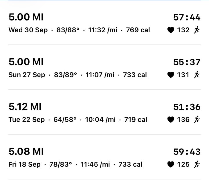 Real app screen: My Runs list with distance, time, temperature, pace, calories and average heart rate for each run