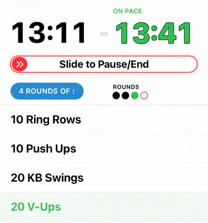Real app screen mid-workout: your clock at 13:11 beside the pacer at 13:41, marked ON PACE, in round 3 of 4 with the current exercise highlighted