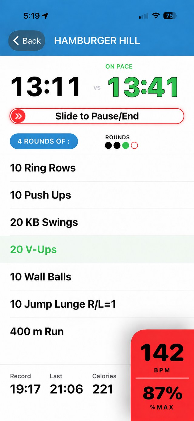 The Phyzseek app mid-workout: your clock at 13:11 against the pacer at 13:41, marked on pace, with live heart rate 142 beats per minute at 87 percent of max